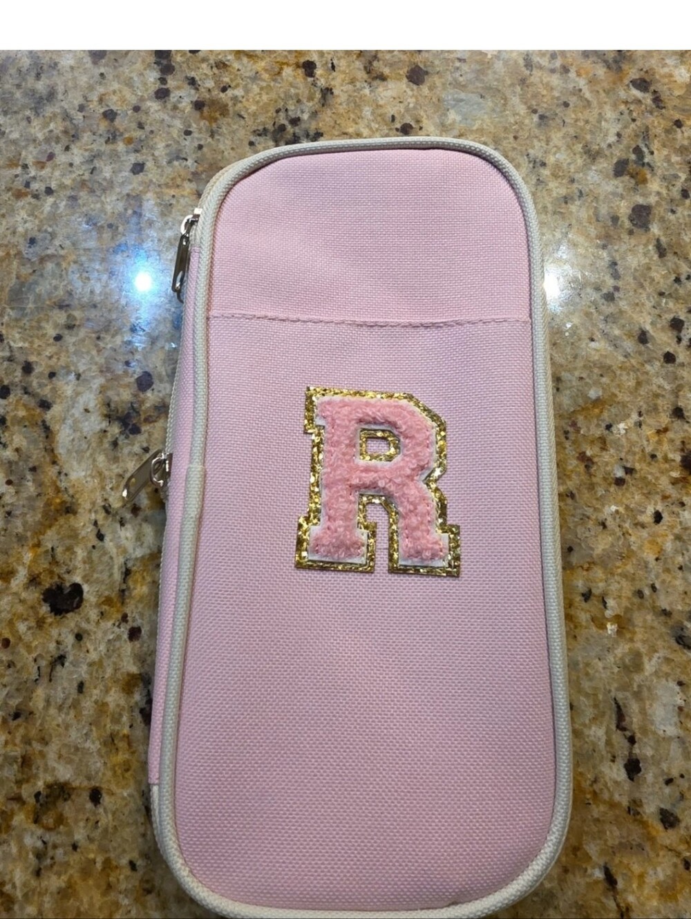 Preppy Pink Pencil Case for Girls Large Initial Pencil Pouch for School Supplies